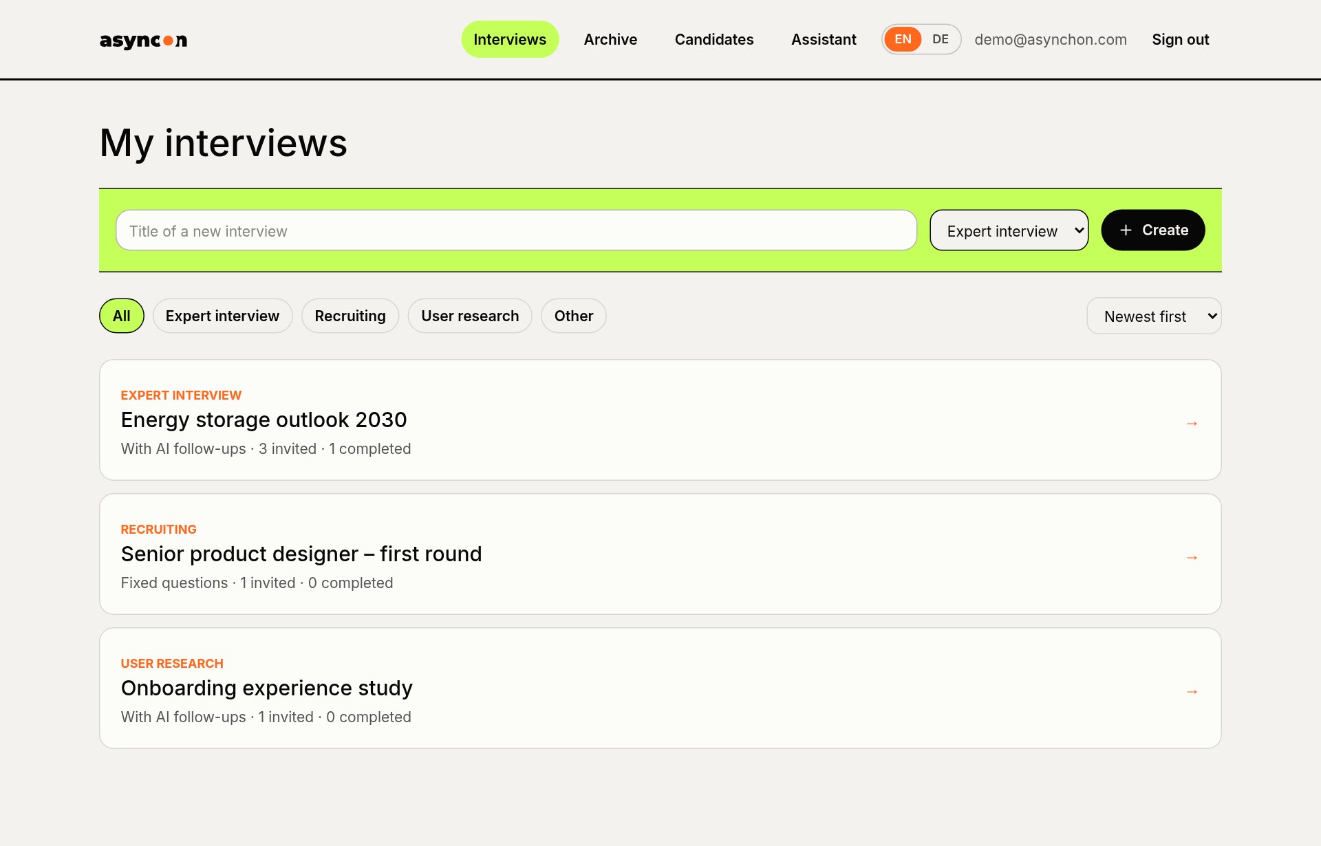 Interview overview with category filters.
